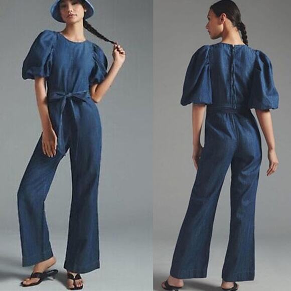 NWT En Saison Sere Blue Puff Sleeve Round Neck Denim Belted Jumpsuit Sz: Large - Picture 1 of 7